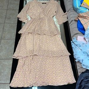 Pink and yellow floral pleated midi dress with half sleeves